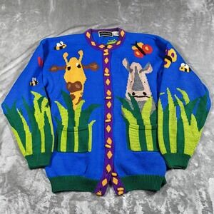 Vintage Animal Christine Foley Sweater Women 3 Blue Knit Cardigan Colorblock 90s